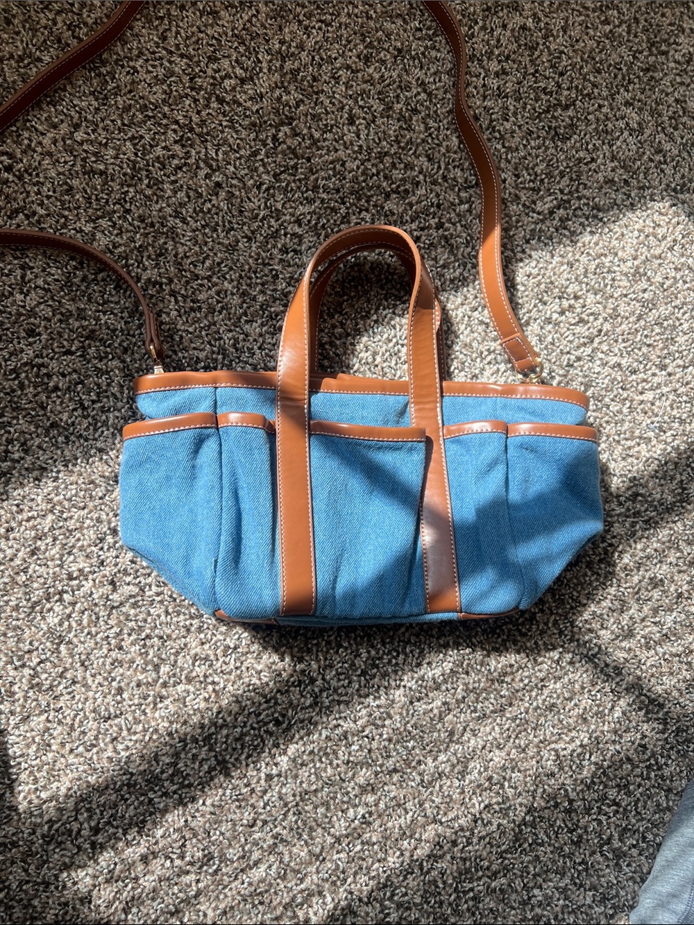 Ann Taylor Weekend Mini Denim Tote Crossbody Brown Trim